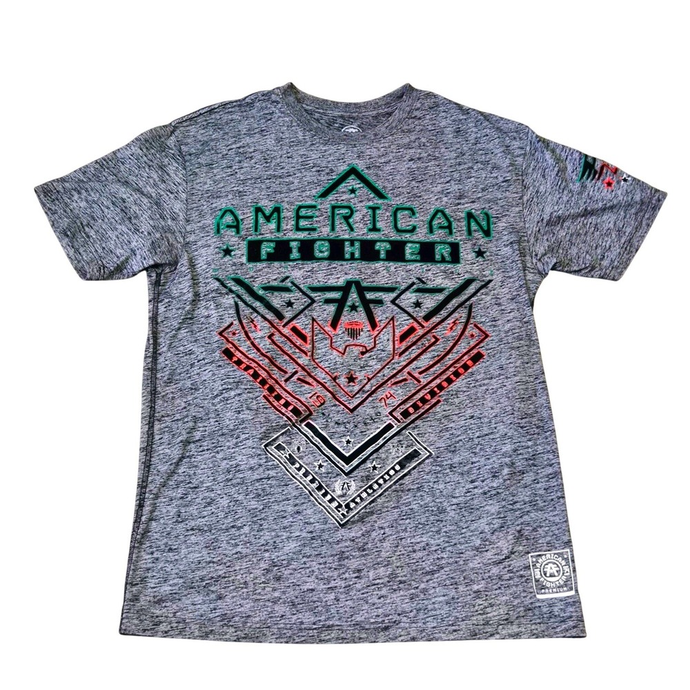 American Fighter Eagle Logo Graphic Men's Gray Double-Sided T-Shirt Size L‎